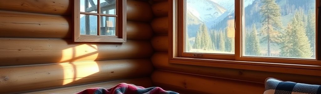 Guest bedroom in a Montana Airbnb cabin — timber walls, plaid blanket and a mountain view